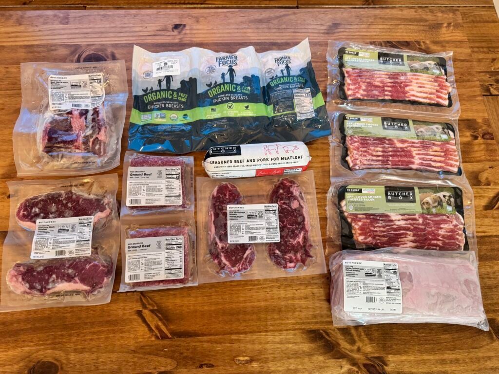 ButcherBox meat unboxing on kitchen table